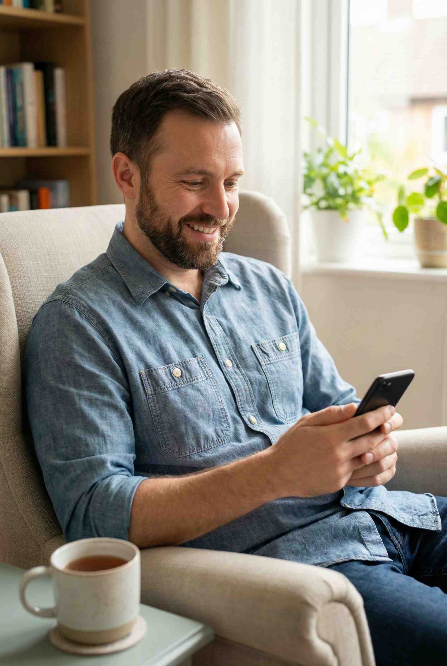 Woman relaxing on couch checking quotes