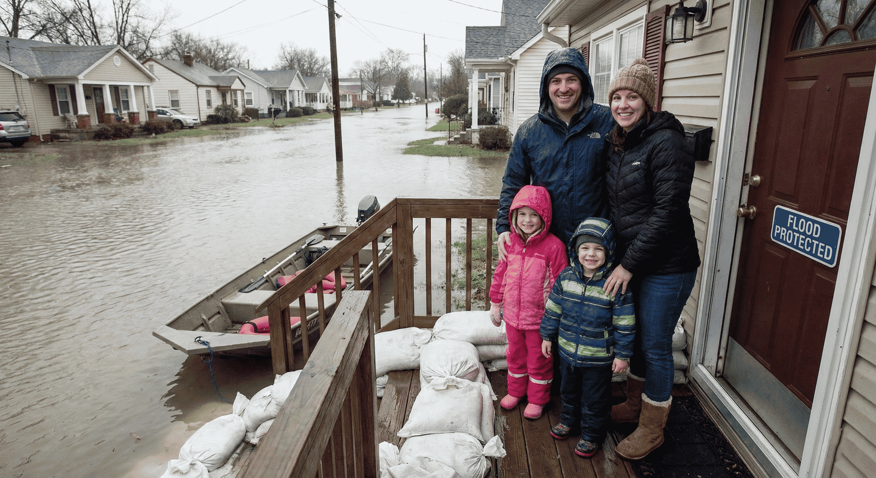 Family protected from flood