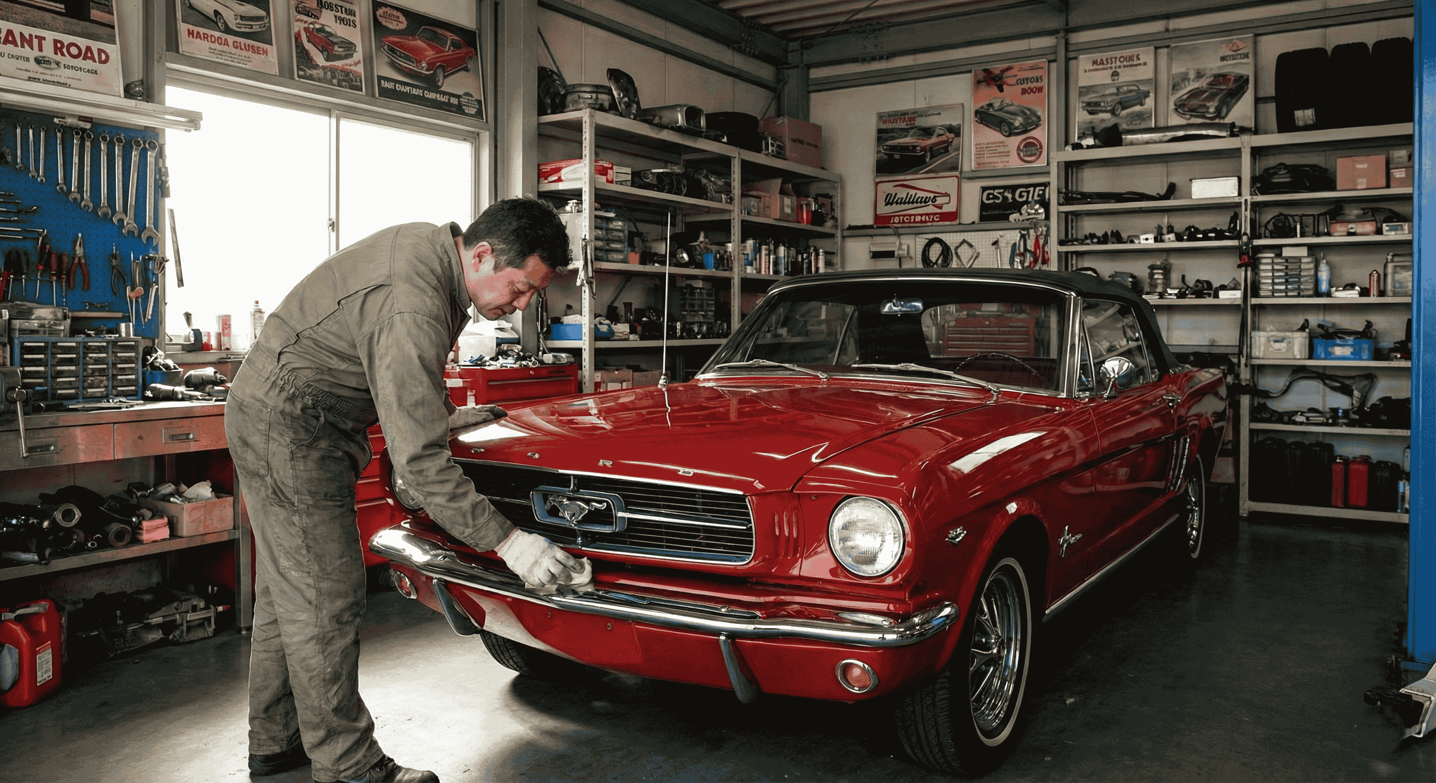Man detailing classic car in garage